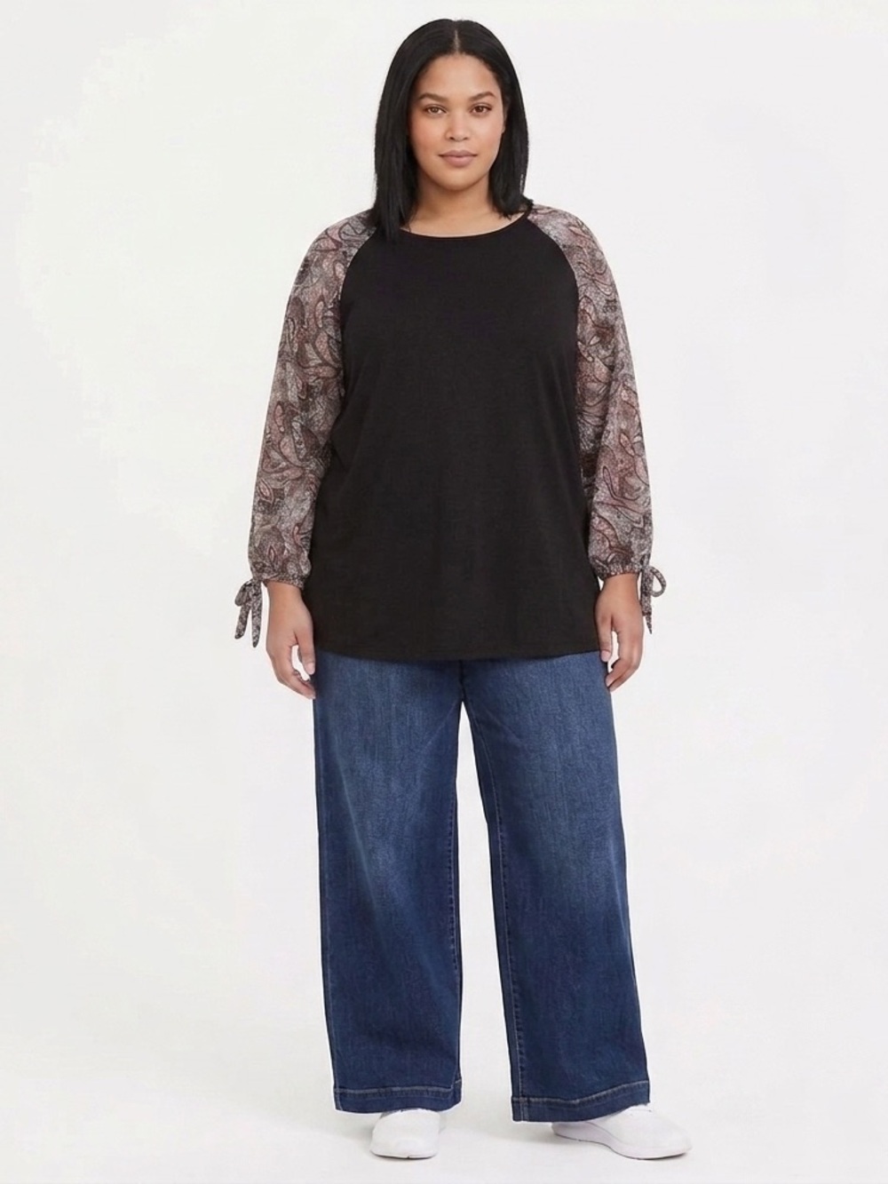 Kim & Cami Plus 3X Black Stretchy Woman Lady Top with Paisley Puff Tie Sleeves
